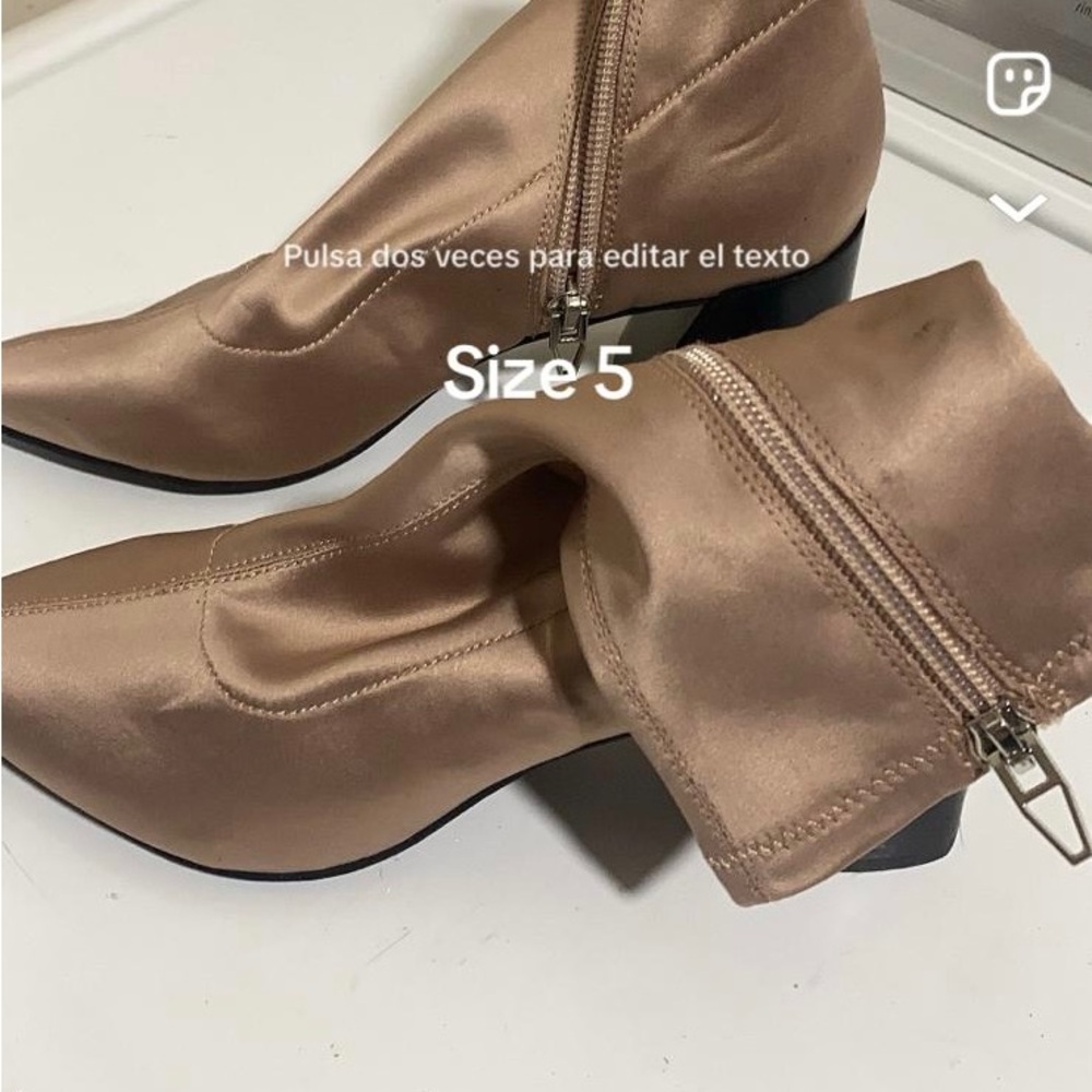 Tan Satin Heeled Booties with Zipper